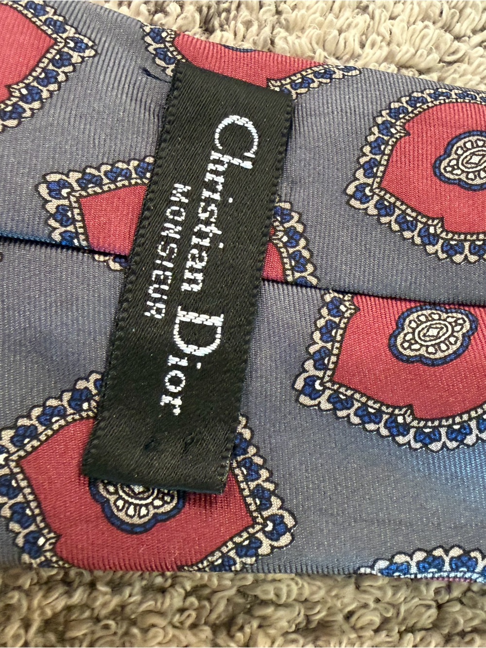 Christian Dior Gray Silk Tie with Red Medallion Motif